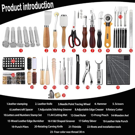 TLKKUE Leather Working Kit - Beginner's Leather Crafting Tool with Storage Bag, Leatherworking Tooling Kit for Sewing, Carving, Punching, Cutting, Stamping Tools