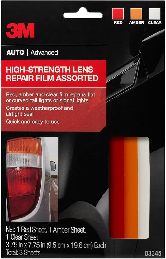 3M Auto High-Strength Lens Repair Film, 3.5 in x 7.75 in, Assorted Sheets: Red / Amber / Clear, Weatherproof & Airtight Seal, Flexible Film Repairs Flat or Curved Lenses on Truck & Car Lights (03345)
