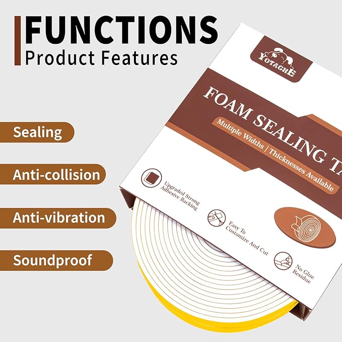 Yotache White Foam Seal Strips Tape 1" X1/8", High Density Closed Cell Foam Weather Stripping for Doors and Windows Insulation, Total 33 Feet Long (2 X 16.5 Ft Each)
