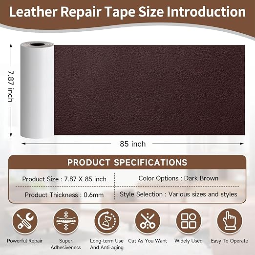 Leather Repair Tape, self-Adhesive Leather Repair Patch, for car seat Repair, Suitable for Sofas, Furniture, Seats, Strong Adhesive Leather Repair Tape (Dark Brown, 7.87x 85in)
