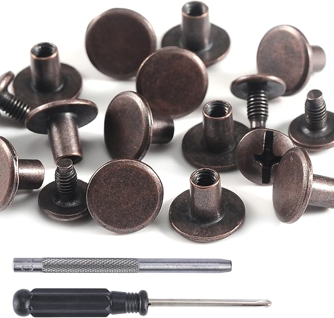 YORANYO 100 Sets Antique Copper Round Flat Head Chicago Screws for Leather Chicago Rivets Kit Button Studs Leather Rivets Chicago Screw for Leather Crafting Clothing Shoes Belts Bags 25/64 Inch