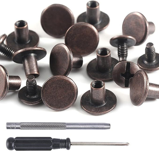 YORANYO 100 Sets Antique Copper Round Flat Head Chicago Screws for Leather Chicago Rivets Kit Button Studs Leather Rivets Chicago Screw for Leather Crafting Clothing Shoes Belts Bags 25/64 Inch