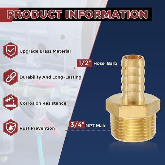 Pack of 8 Brass Hose Barb Fittings Adapter Connector 1/2" Hose Barb to 3/4" NPT Male Fittings for Home Machines, Massage Bathtubs, and Irrigation Systems
