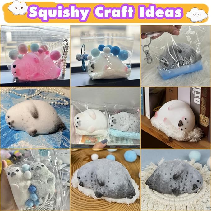 Taba Squishy Kit Big Seal Silicone Mold 6''+Liquid Gel+Flocking Cute Animal Making Set