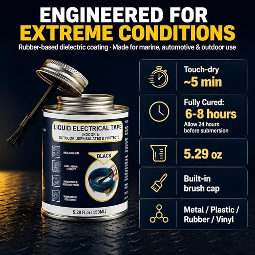 5.29OZ Liquid Electrical Tape, Black Insulating Glue with Brush Cap, Waterproof & Flexible Rubber Coating, Quick-Drying for Wires, Cables, Outdoor Electrical Connectors, Marine, Automotive Use