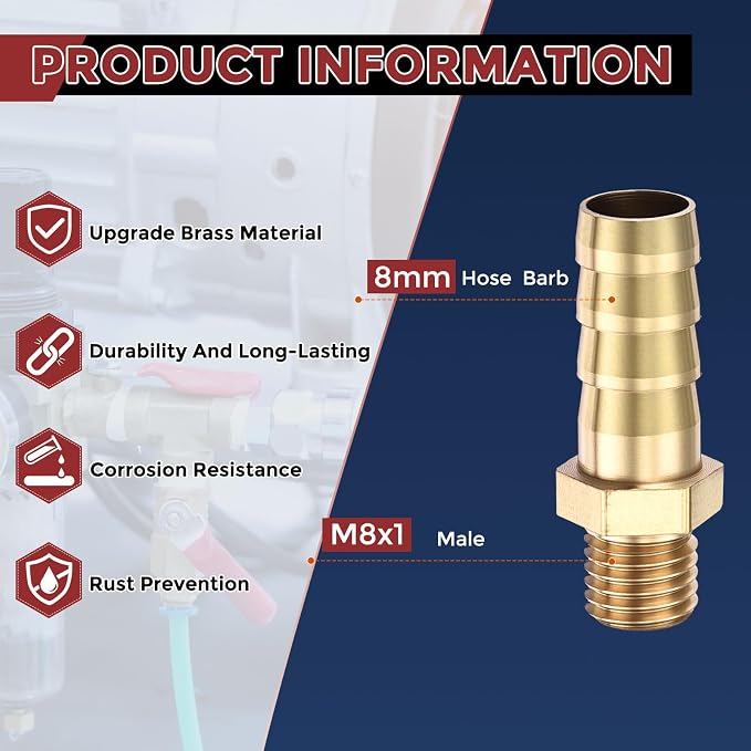 Pack of 6 Brass Hose Barb Fittings Adapter Connector 8mm Hose Barb to M8x1 Male Fittings for Home Machines, Massage Bathtubs, and Irrigation Systems