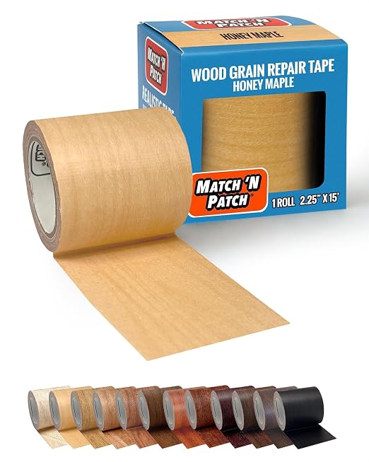 MATCH 'N PATCH Wood Grain Repair Tape - Honey Maple, 2.25 in x 15 ft (1-Pack) – Wood Grain Colored Duct Tape for Mirror Frame, Trim, Borders, Floor and Other Furniture, Scratch Repair Kit
