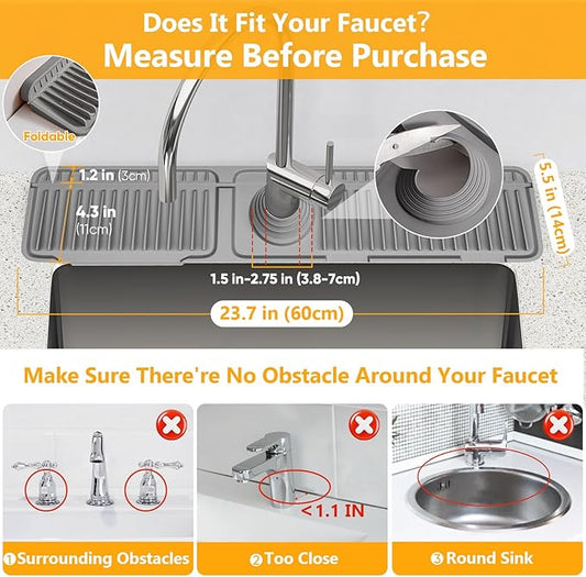 24'' Longer Faucet Mat for Kitchen Sink Splash Guard[7° Slope Fast Self-draining][Snap Lock Fit]Kitchen Sink Faucet Mat Splash Guard Kitchen Sink Area Water Splash Guard Behind Faucet Draining Mat