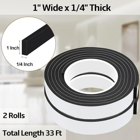 EVA Foam Weather Stripping Tape,1 Inch W x 1/4 Inch T Self-Adhesive Seal Tape for Doors & Windows-Draft Blocker,Soundproofing,Waterproof Insulation Foam,2 Rolls Total 33FT Black