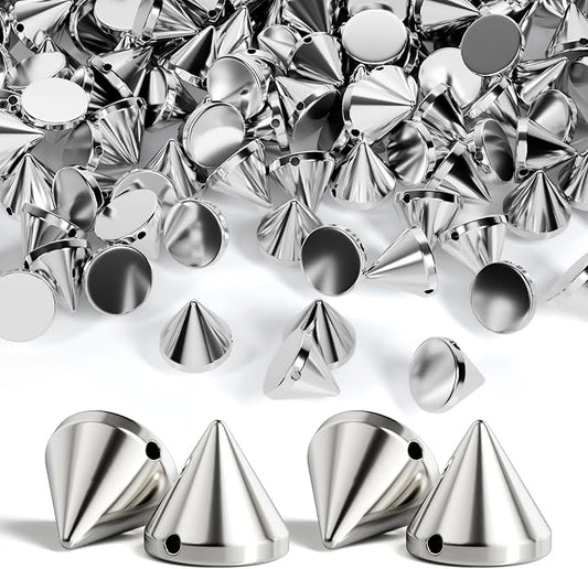 OIIKI 100 PCS 8mm Silver ABS Bullet Spike Cone Studs, Rivets Cone Spike Studs Beads, Flat Back Punk Spikes DIY Crafts Studs Glue on Decoration for Clothing Leather Clothes Belt Bag Shoes Jewelry Trims