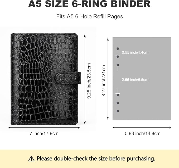 Convend A5/A6 Refillable 6 Ring Binder Cover,Crocodile-Embossed PU Leather with Magnetic Closure, Premium Look and Feel, Compatible with Standard Planner Inserts,(Black)