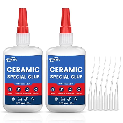 WOUSEDO Ceramic Glue 2 x 30g, Waterproof & Heat-Resistant Instant Adhesive | High-Strength & Clear, Fast Curing Super Glue for Porcelain, Clay Pots, Figurine, Pottery, Dishes Repair, DIY Crafts.