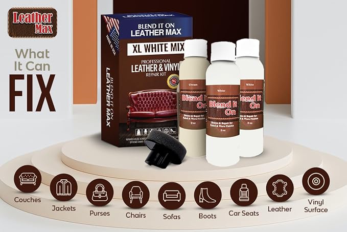 Blend It On XL White Mix Leather and Vinyl Repair Kit - Now with 6 Ounces for Furniture, Jacket, Car Seat, Boots, Easy Instructions to Match Colors, Any Material No Mixing Chart Needed (White Mix)