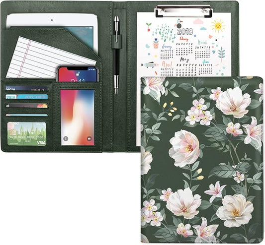 Portfolio Case for Women, Padfolio Cover for Girls, Conference/Resume/Legal Document Organizer with Letter/A4 Size Clipboard Hardboard, Business Card Holders, Green Flower
