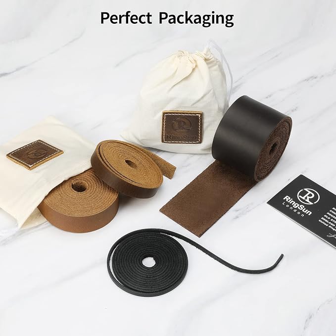 Ringsun 1/4 Inch Wide Flat Leather Strips for Crafts, Full Grain Leather Strap Cord String for Crafts, Tooling (2mm Thick 72.5 Inches Long Black)