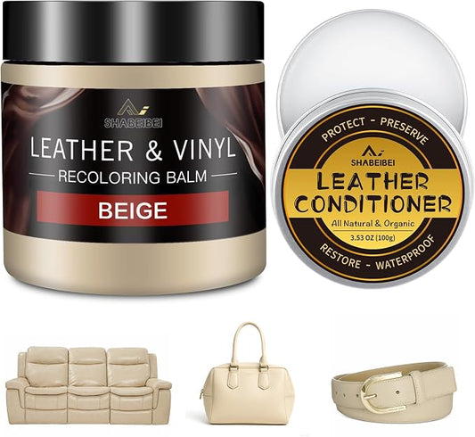 Leather Recoloring Balm with 100ml Mink Oil, Beige Leather Repair Kit and Scratch Remover for Furniture, Car Seats, Sofas, Dye & Restorer for Couches, Vinyl, PU, Faux
