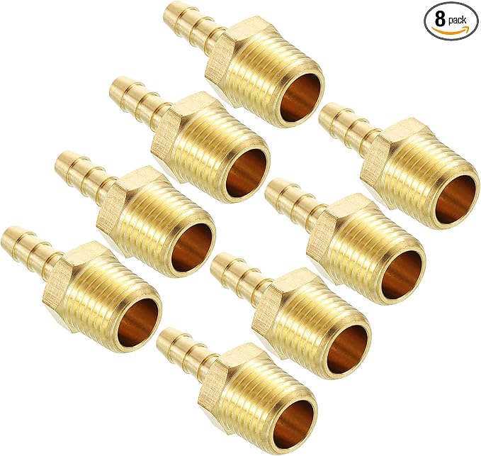 Pack of 8 Brass Hose Barb Fittings Adapter Connector 3/16" Hose Barb to 1/4" NPT Male Fittings for Home Machines, Massage Bathtubs, and Irrigation Systems