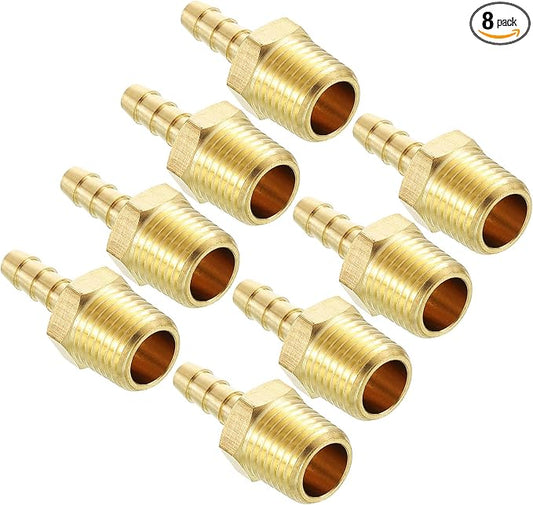 Pack of 8 Brass Hose Barb Fittings Adapter Connector 3/16" Hose Barb to 1/4" NPT Male Fittings for Home Machines, Massage Bathtubs, and Irrigation Systems