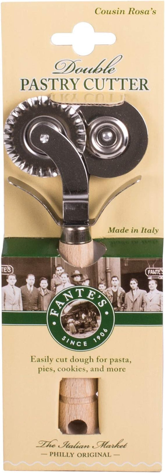 Fantes Double-Blade Pastry Ravioli Pasta Dough Cutter Crimper Wheel, Stainless Steel with Beechwood Handle, The Italian Market Original since 1906