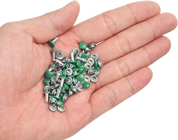 HARFINGTON 100 Sets Double Cap Leather Rivets, 6x8mm Round Cap Tubular Metal Studs Leather Crafting Rivets for Fabric Belt Pet Collar Boot Bag Repair and Decoration, Green