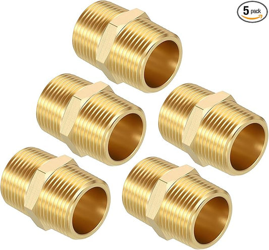 Pack of 5, 3/4" Male NPT to 3/4" Male NPT Solid Brass Hex Nipple Hose Connectors, Male Pipe Adapter for Pipe Leak Repair, Bathroom Remodeling, Tool Extensions, Compression