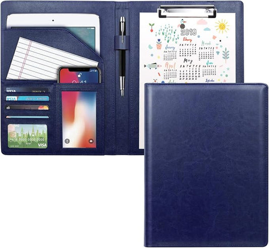 Padfolio Clipboard Folder Portfolio, Faux Leather Storage Clipboard with Cover for Letter Size A4 Writing Pad Pen Holderfor Business Office Conference Notepad Clip Boards, Blue