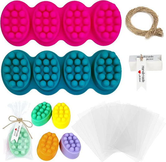 Silicone Soap Making Kit with 2 Massage Bar Molds, 48 Gift Bags, 48 Tags, 65ft Jute Twine, Hair Comb Design, Pink and Teal