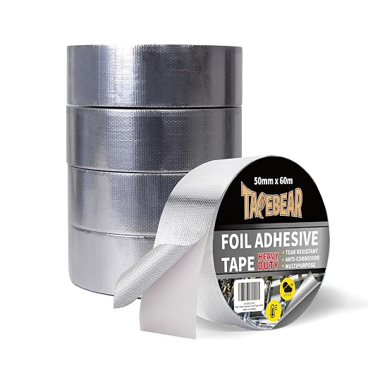 TAPEBEAR Aluminum Foil Heat Shield Tape 2inch x 65Yards, Aluminized Fiberglass Cool Tape 5.5mil Heat Resistant Tape Thermal Barrier for Air Dryer Vent, HVAC, Heating Unit, Hose and Pipe, 5Rolls/980Ft