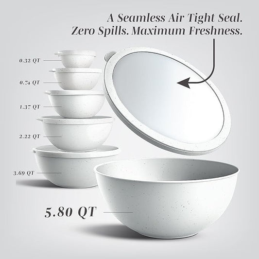 COOK WITH COLOR Mixing Bowls with TPR Lids - 12 Piece Plastic Nesting Bowls Set includes 6 Prep Bowls and 6 Lids, Microwave Safe Mixing Bowl Set (Speckled White)