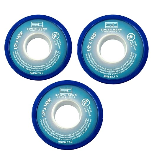 South Bend Components 1/2 Inch x 1429 Inch 70885 PTFE Thread Seal Tape – Teflon Tape for Plumbing, Gas, Water, and Air Systems | Leak-Proof, Durable Thread Tape for Metal and Plastic Pipes (3-Pack)