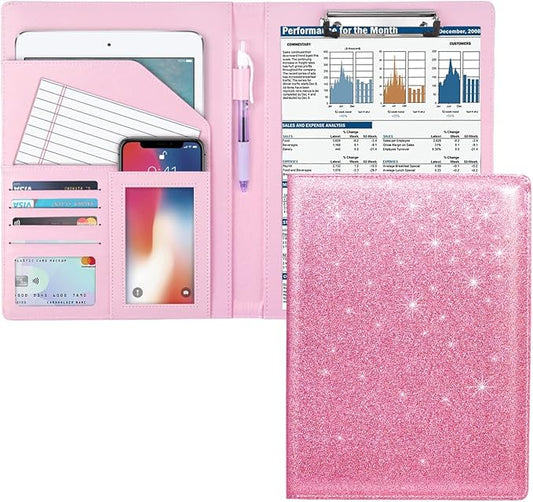 Padfolio Business/Resume Portfolio Folder, Leather Interview Portfolio Business Portfolio Portfolio Organizer with Legal Pad Folder Clipboard,Interview Folder for Men/Women, Glitter Pink