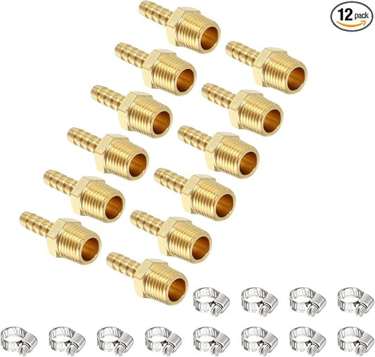 Pack of 12 Brass Hose Barb Fittings 1/4" Hose Barb to 1/4" NPT Male Fittings with 12pcs Stainless Steel Hose Clamps for Home Machines, Massage Bathtubs, and Irrigation Systems