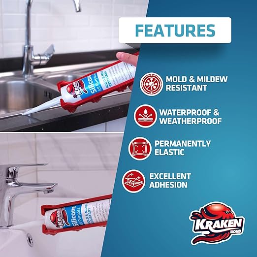 Kraken Bond Gray Silicone Sealant Waterproof% 100-10 fl oz Cartridge - RTV Silicone Caulk Kitchen and Bathroom, All Purpose, Window Caulking Sealant Outdoor, RV, Exterior Use Silicon - 1 Pack