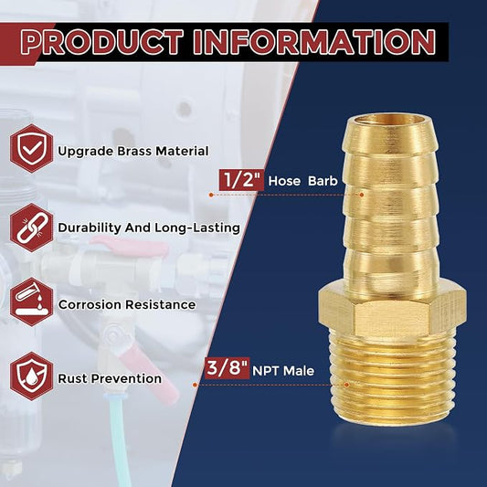 Pack of 3 Brass Hose Barb Fittings Adapter Connector 1/2" Hose Barb to 3/8" NPT Male Fittings for Home Machines, Massage Bathtubs, and Irrigation Systems