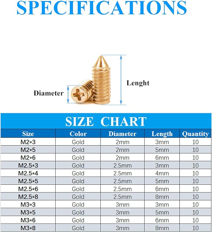 120 pcs Nickel Plated Tip Screws Pointed Cross Slot Leather Accessories 12 Sizes Gold Belt Screws Include M2*3-M2*6, M2.5 * 3-M2.5 * 8, M3*3-M3*8 with 2mm Screwdriver for Belt Buckle Wallet Handbag