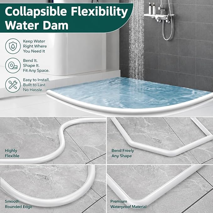188 Inch Flexible Shower Threshold Water Dam, Self-Adhesive Collapsible Waterproof Seal Strip, Shower Pan Water Stopper Barrier, Shower Base Water Guard for Bathroom Tile, Bathtub and Wet Floor