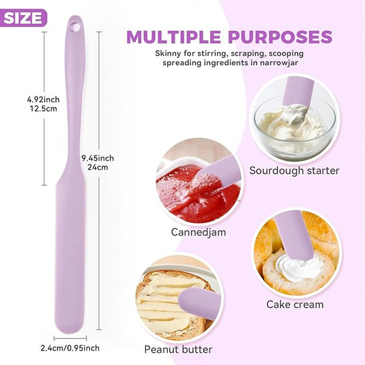 Silicone Jar Spatula Set of 3, Long Handle Skinny Spatula and Spurtle for Sourdough Starter, Flexible Jar Scraper for Peanut Butter, Jam, Icing, Cream with No Batter Left Behind (3, Purple)