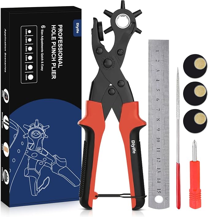 Diyife® Leather Hole Puncher, Full Set Punch Tool Kits for Belt, Watch Band, Shoe, Crafting, Handbag Straps, Fabric, with Extra Punch Plates and Ruler, Multi Hole Sizes Make, Red