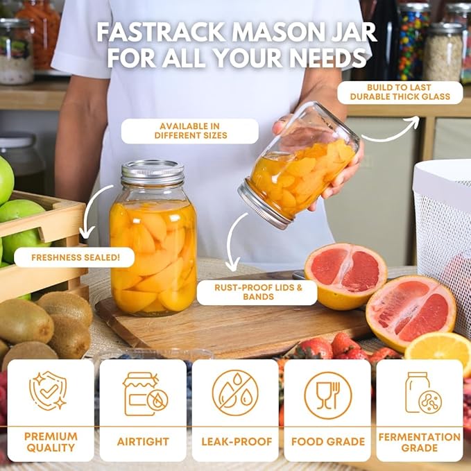 FastRack 16 oz Regular Mouth Mason Jars (Pack of 6) with Airtight Metal Lids | Pint Glass Canning Jars for Food Storage, Fermentation & Pickling | Clear Glass Canisters