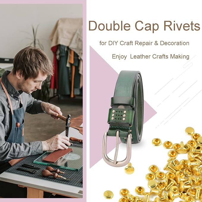 200Sets 6mm Caps Leather Rivets, Double Cap Metal Rivet Tubular Leather Rivets Studs for Fabric Clothing Pets Collar Shoes Bags Belt Repair Decoration Accessories Crafts (Gold)
