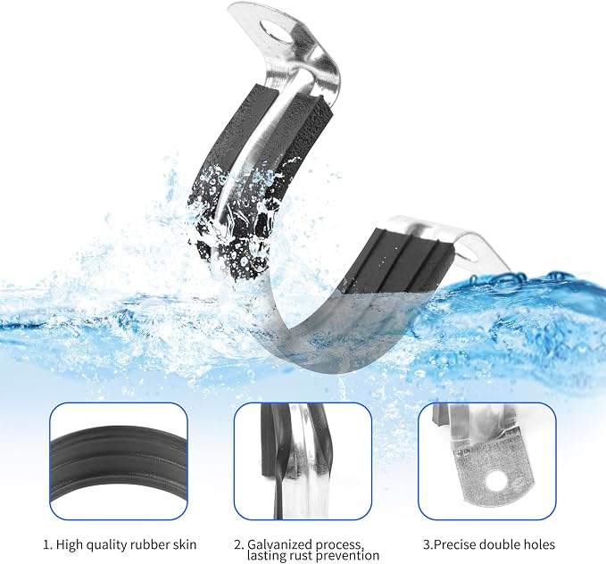 2 Inch Reinforced Rigid Pipe Strap, 2 Holes U Bracket Cable Clamp Hanger, Rubber Cushioned Insulated Clamp, Conduits Strap Clamps for Pipe Fixing on Various Surfaces, 10 PCS(50 mm)