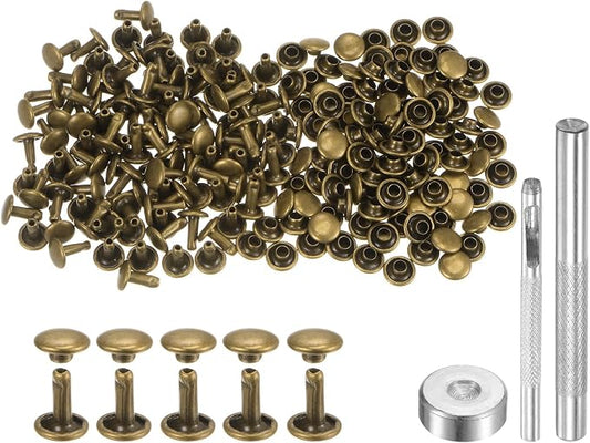 HARFINGTON 100 Sets Leather Rivets 8 x 7mm Metal Double Cap Rivet Snaps Studs Fasteners with 3pcs Setting Tools Rivets for Leather Craft DIY Repair Decoration, Bronze