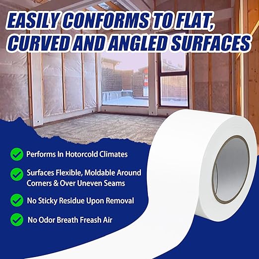Bghdas 2 Roll, White Vapor Barrier Tape, 4" Wide x 180' Long, PE 9 mm Polyethylene Tape, for Stucco Waterproof Moisture Barriers Seal and Seam, for Crawlspaces, Insulation Repairs & Plastic Liners