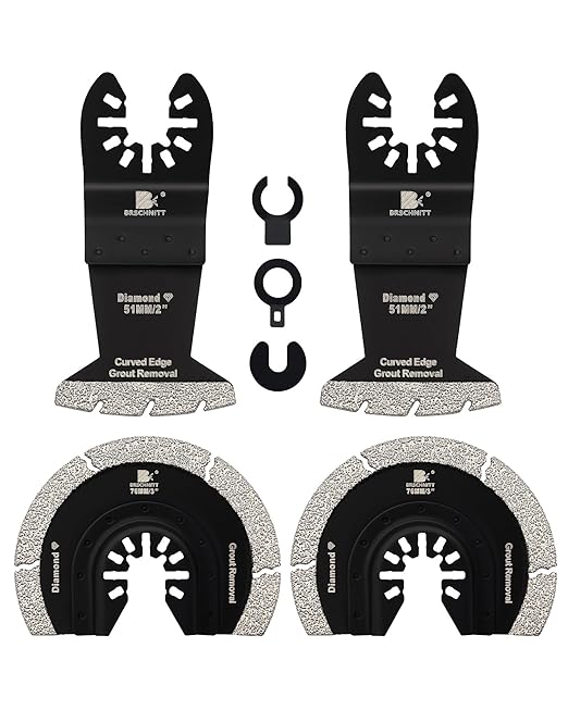 Oscillating Saw Blades Set 4PCS - 2''*2/3''*2 Universal Multitool Blades for Grit Grout Removal, Quick Release Curved Edge Multi Tool Kit for Tile, Air Brick, Cement, Concrete, Masonry