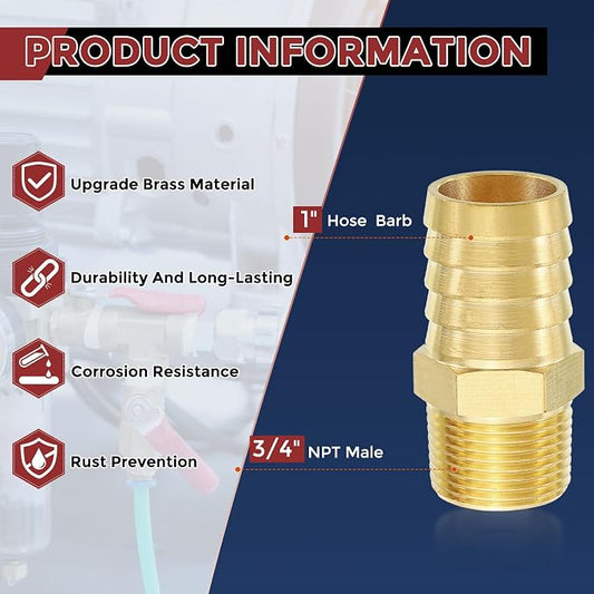 Pack of 8 Brass Hose Barb Fittings Adapter Connector 1" Hose Barb to 3/4" NPT Male Fittings for Home Machines, Massage Bathtubs, and Irrigation Systems