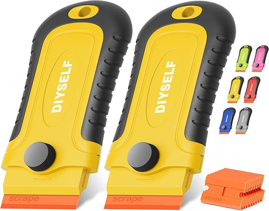 DIYSELF 2 Pcs Plastic Razor Blade Scraper with 10 Pcs Blades, Plastic Scraper Tool for Adhesive Remover, Scrapers for Cleaning Stickers, Decals, Glass, Windows, Car, No Scratches (Yellow)