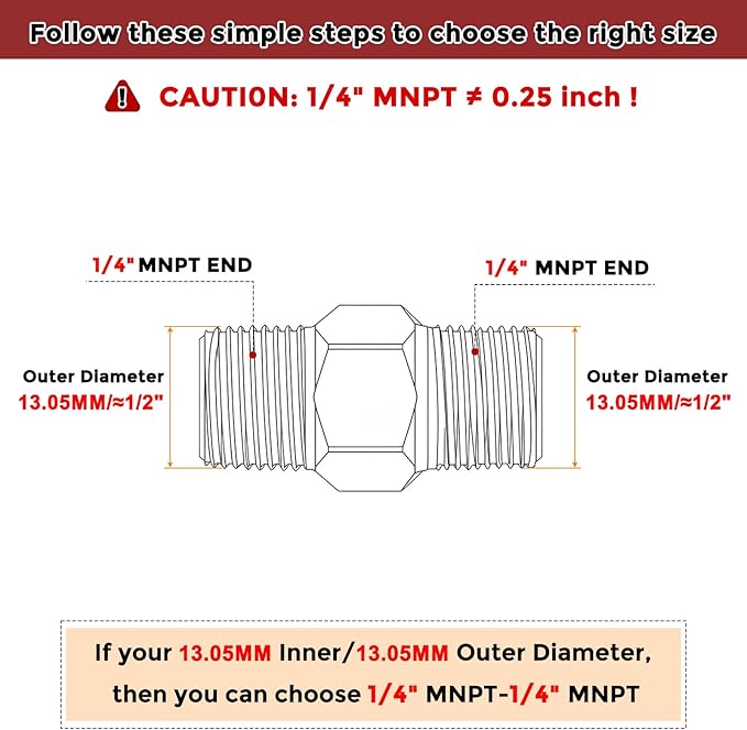 Pack of 10, 1/4" MNPT to 1/4" MNPT Solid Brass Hex Nipple Hose Connectors, Male Pipe Adapter for Pipe Leak Repair, Bathroom Remodeling, Tool Extensions, Compression