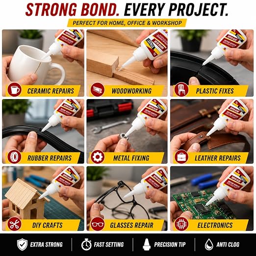 Super Glue, Extra Strong Fast-Drying Cyanoacrylate Adhesive, Large 0.9 oz Bottle with Anti-Clog Precision Tip, Instant Glue for Wood, Metal, Plastic, Ceramic, Rubber, Leather DIY Repairs (25g)