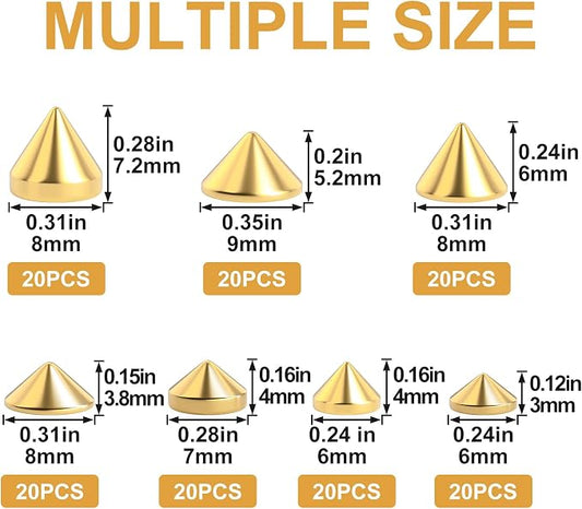 OIIKI 140PCS ABS Bullet Spike Cone Studs, 7 Styles Rivets Cone Spike Studs Beads, Flat Back Punk Spikes DIY Crafts Studs Glue on Decoration for Leather Clothes Belt Bags Jewelry Trims - Gold