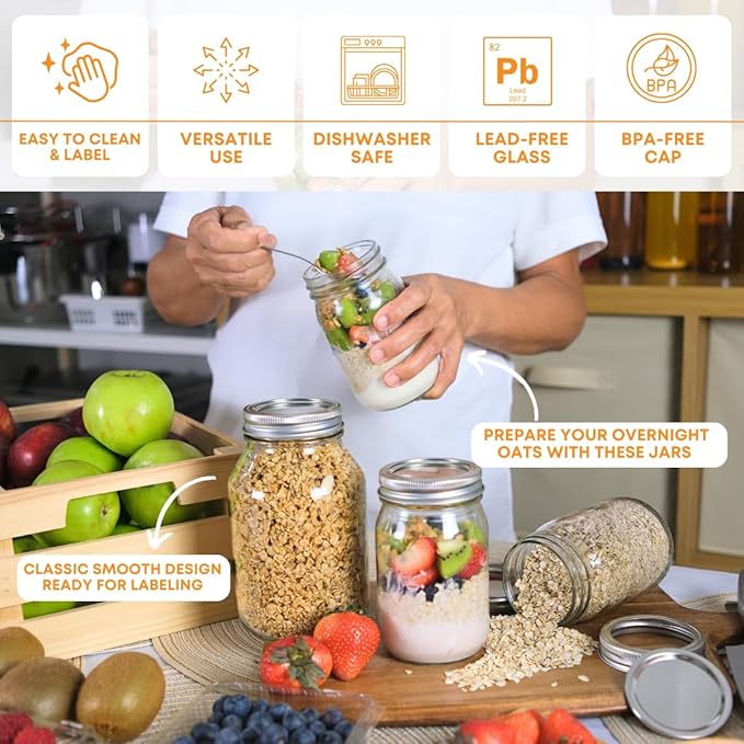 FastRack Regular Mouth Glass Mason Jars with Metal Airtight Lids | 16 oz - Pack of 2 | Large Glass Jars for Food Storage with Lids | Ideal for Canning, Fermentation, Pickling, Kombucha Brewing
